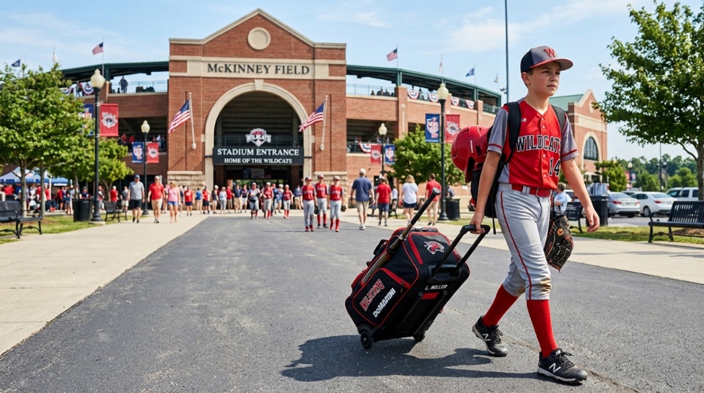 Youth player pulling a wheeled baseball bag toward a sunny diamond.
