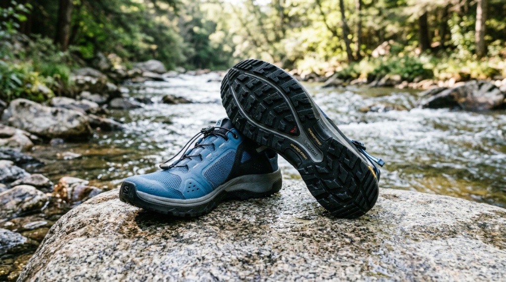 Close-up of water shoe rubber grip on wet river rocks.