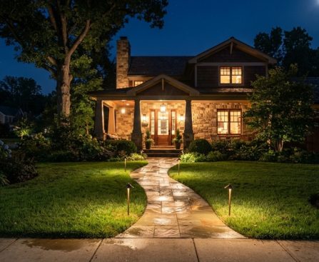 Warm LED pathway lights illuminate a stone walkway leading to a Maryland home.