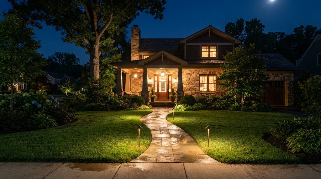 Warm LED pathway lights illuminate a stone walkway leading to a Maryland home.